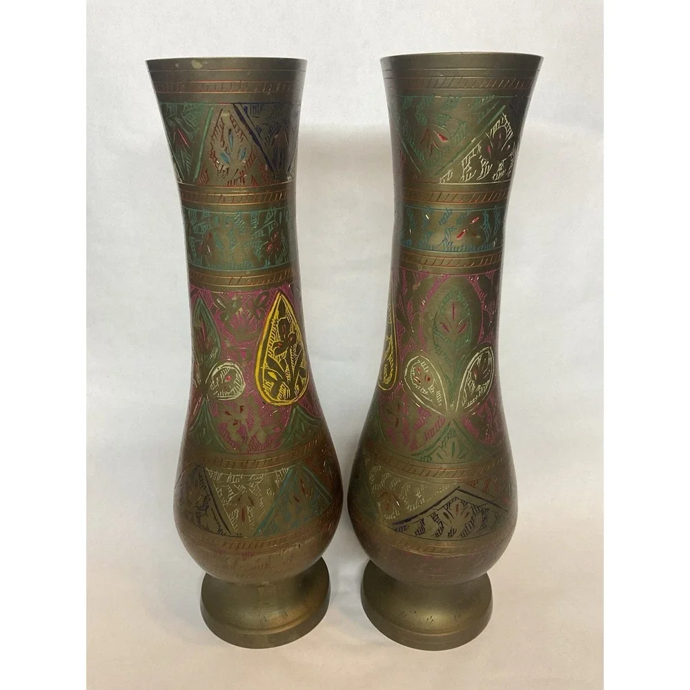 Vtg Brass Hand Etched Multicolored Flower Bud Vases Set of 2 Made In India 12